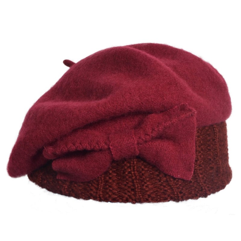 VECRY Lady French Beret 100% Wool Beret Floral Dress Beanie Winter Hat (Bow-Claret) - Image 2